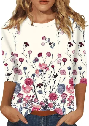 3/4 Length Sleeve Womens Tops 2024 Floral Print Vintage Fashion Casual Loose with Round Neck Plus Size Shirts