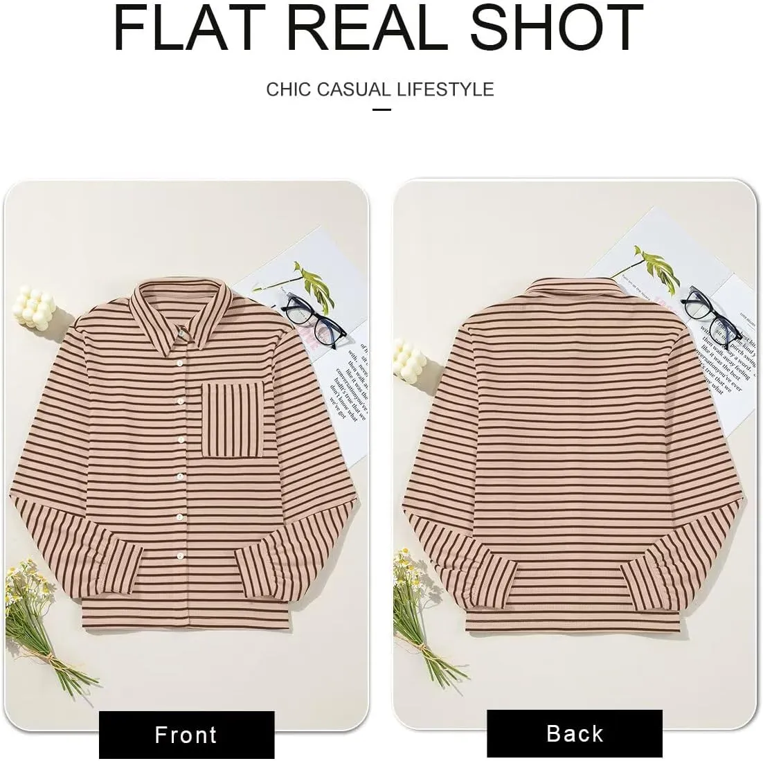 Astylish Women's 2025 Cute Striped Waffle Oversized Stretchy Long Sleeve Shirts Soft Collared V Neck Button Up Blouses Tops