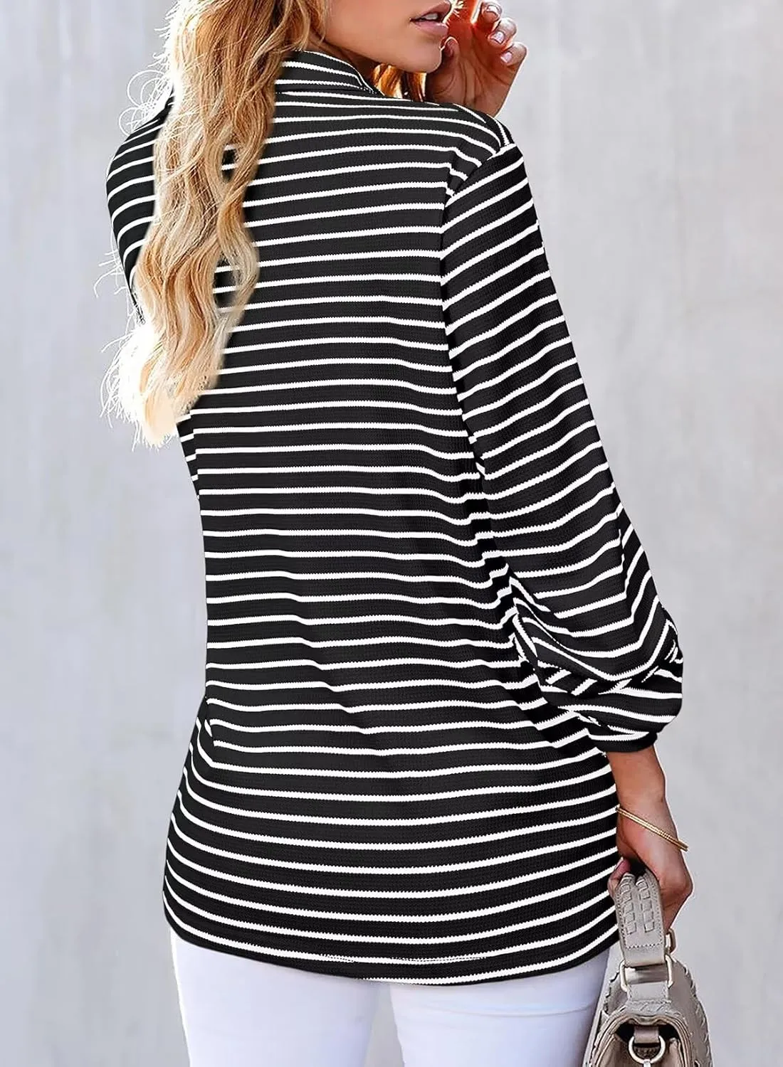 Astylish Women's 2025 Cute Striped Waffle Oversized Stretchy Long Sleeve Shirts Soft Collared V Neck Button Up Blouses Tops