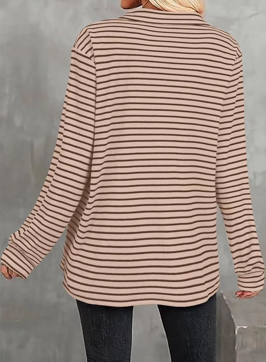 Astylish Women's 2025 Cute Striped Waffle Oversized Stretchy Long Sleeve Shirts Soft Collared V Neck Button Up Blouses Tops