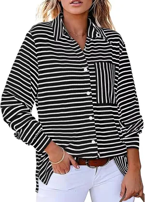 Astylish Women's 2025 Cute Striped Waffle Oversized Stretchy Long Sleeve Shirts Soft Collared V Neck Button Up Blouses Tops