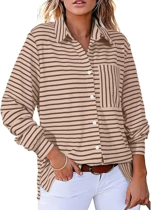 Astylish Women's 2025 Cute Striped Waffle Oversized Stretchy Long Sleeve Shirts Soft Collared V Neck Button Up Blouses Tops