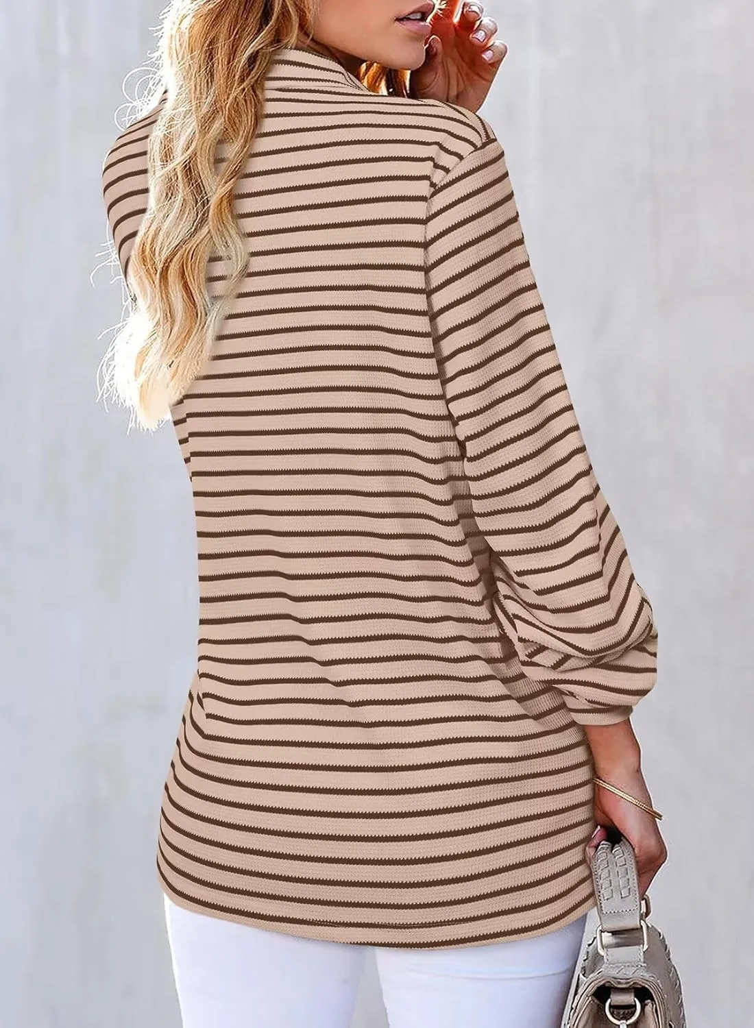Astylish Women's 2025 Cute Striped Waffle Oversized Stretchy Long Sleeve Shirts Soft Collared V Neck Button Up Blouses Tops