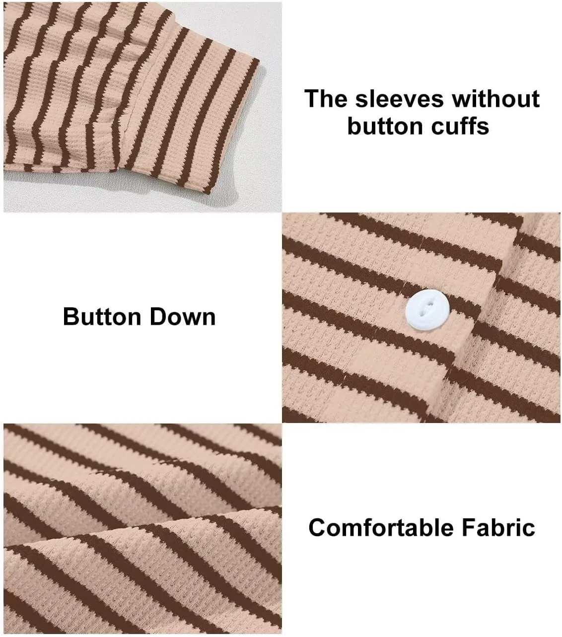 Astylish Women's 2025 Cute Striped Waffle Oversized Stretchy Long Sleeve Shirts Soft Collared V Neck Button Up Blouses Tops