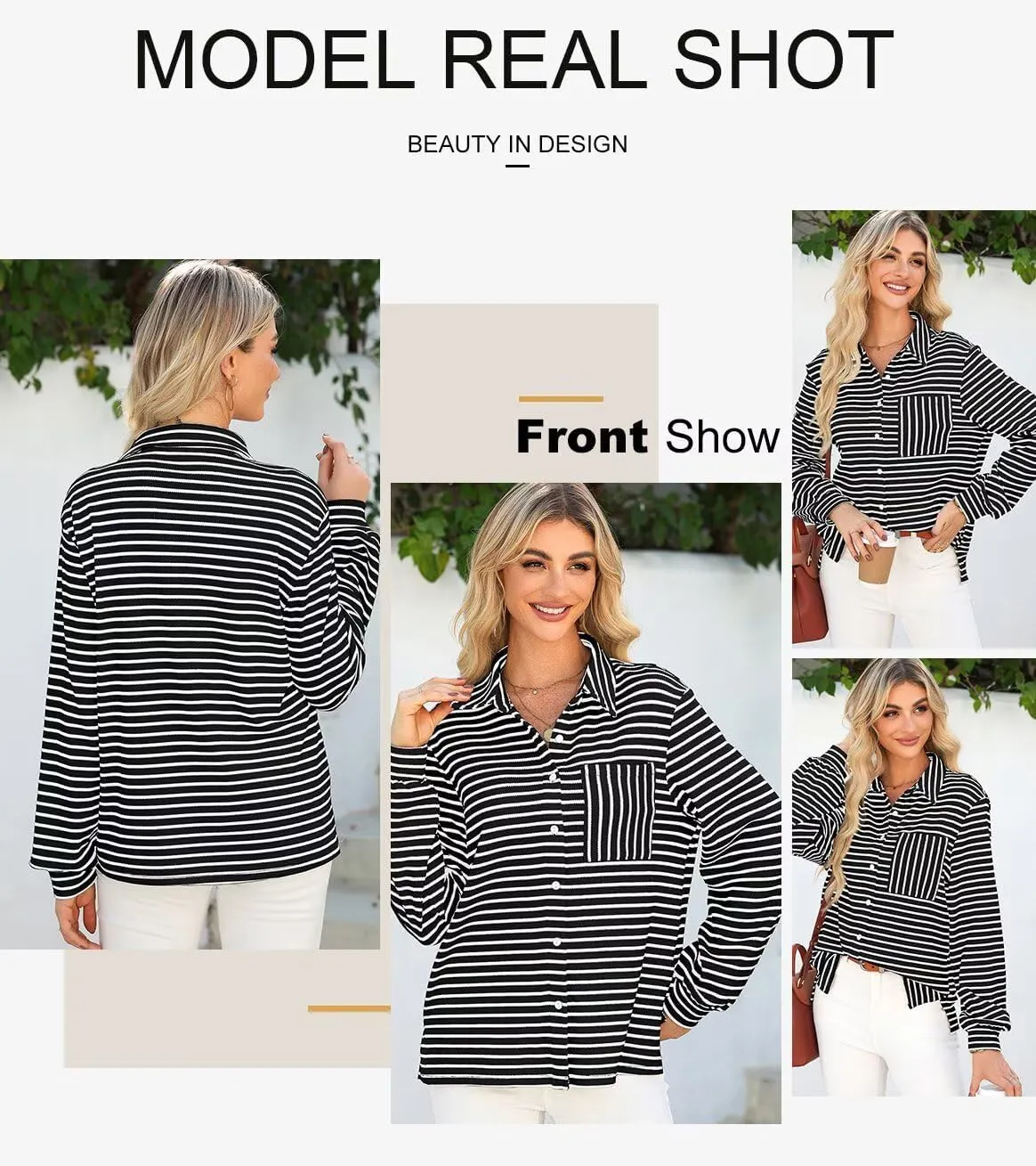Astylish Women's 2025 Cute Striped Waffle Oversized Stretchy Long Sleeve Shirts Soft Collared V Neck Button Up Blouses Tops