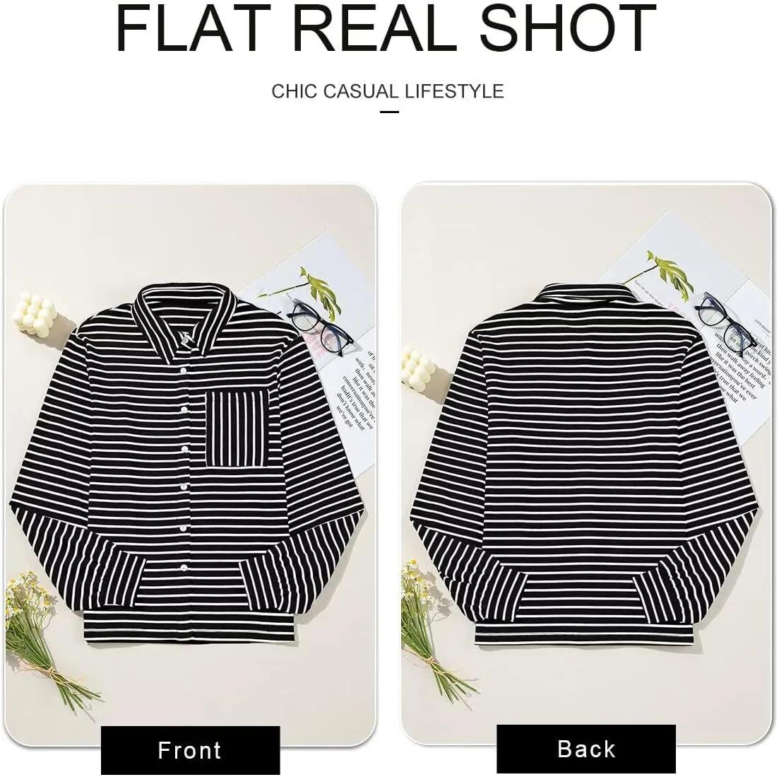 Astylish Women's 2025 Cute Striped Waffle Oversized Stretchy Long Sleeve Shirts Soft Collared V Neck Button Up Blouses Tops