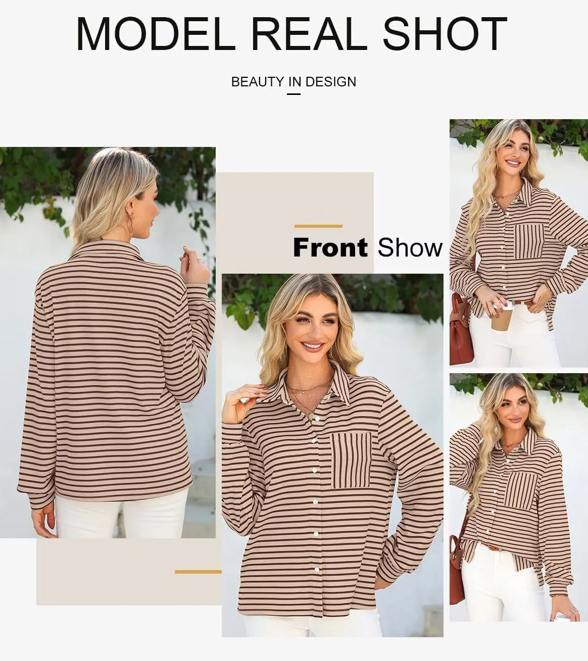 Astylish Women's 2025 Cute Striped Waffle Oversized Stretchy Long Sleeve Shirts Soft Collared V Neck Button Up Blouses Tops