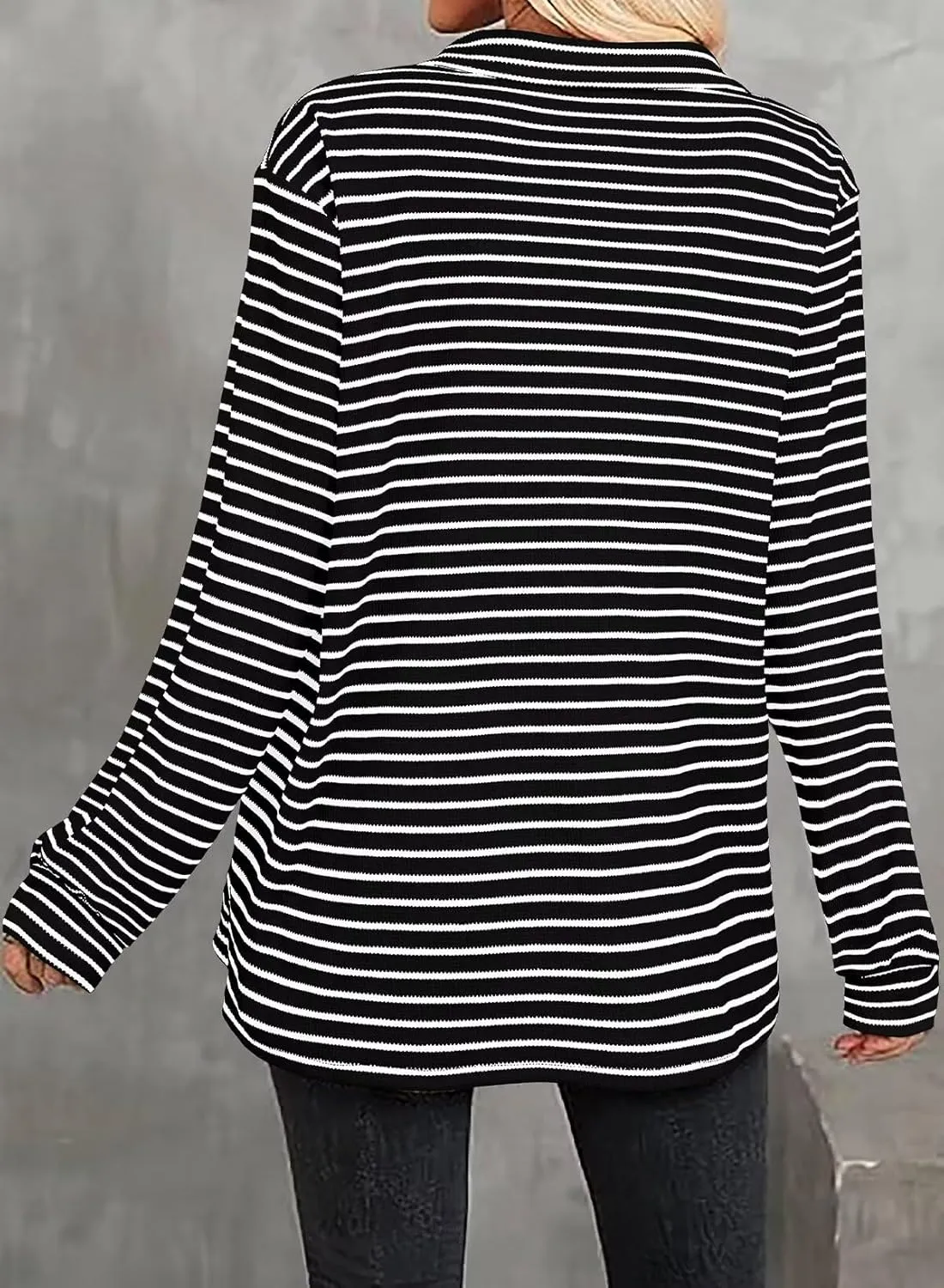 Astylish Women's 2025 Cute Striped Waffle Oversized Stretchy Long Sleeve Shirts Soft Collared V Neck Button Up Blouses Tops