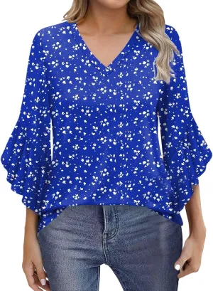 Blouses for Women Dressy Casual Cute Boho Floral Print Shirts 3/4 Ruffle Sleeve V Neck Double Layers Business Tops