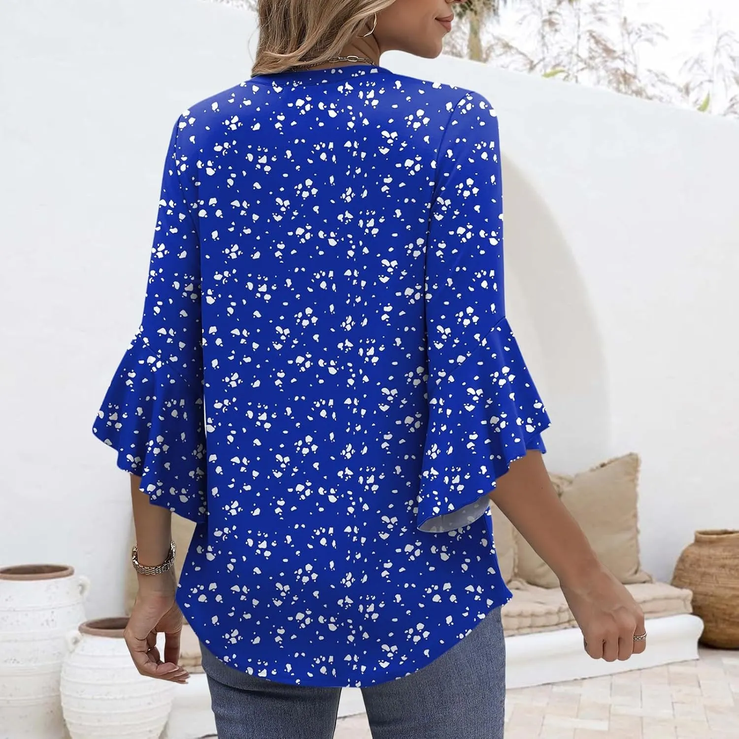 Blouses for Women Dressy Casual Cute Boho Floral Print Shirts 3/4 Ruffle Sleeve V Neck Double Layers Business Tops