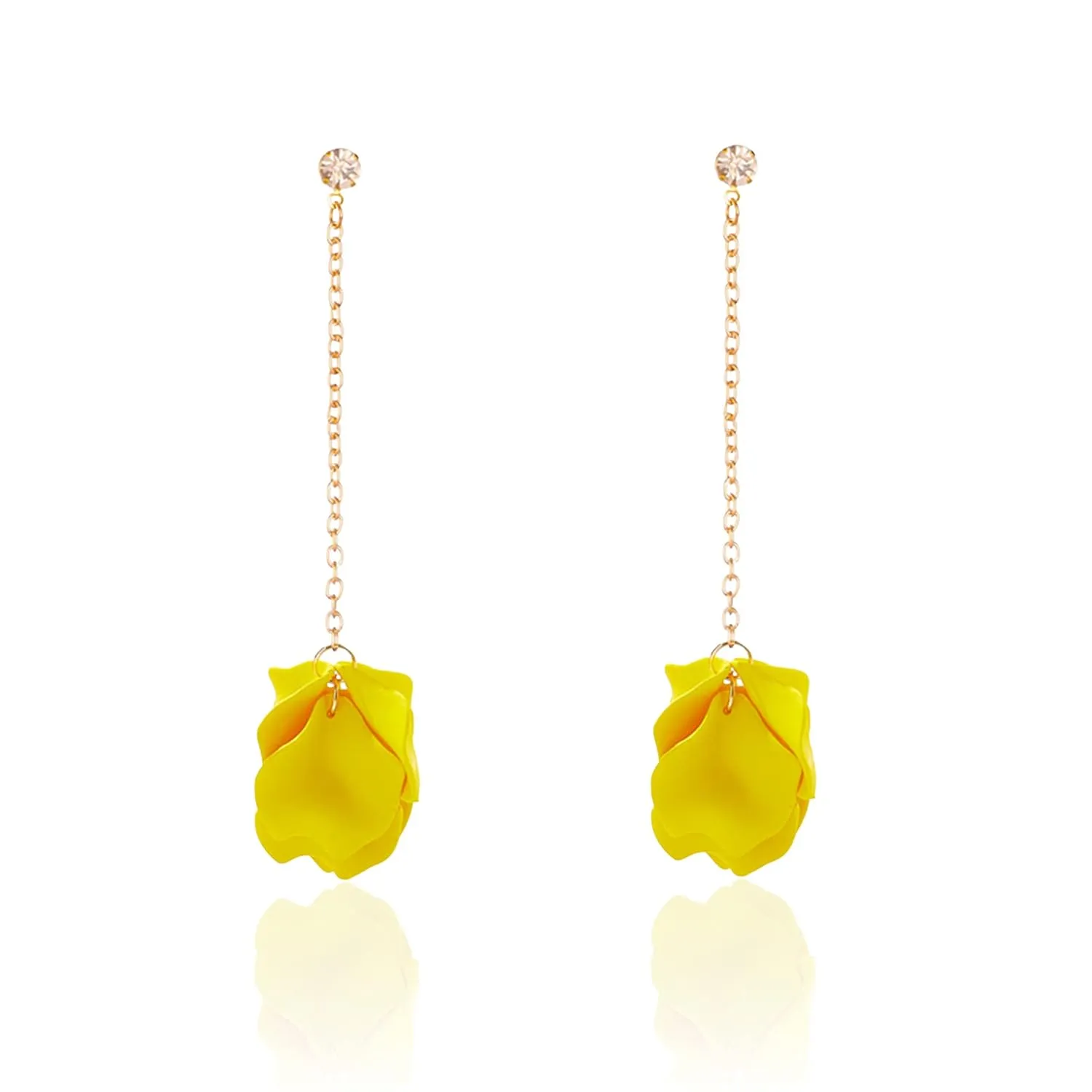 Dangle Acrylic Petal Tassel Fringe Chain Earrings Long Drop Rose Flower Statement Earrings for Women With Box (Yellow)