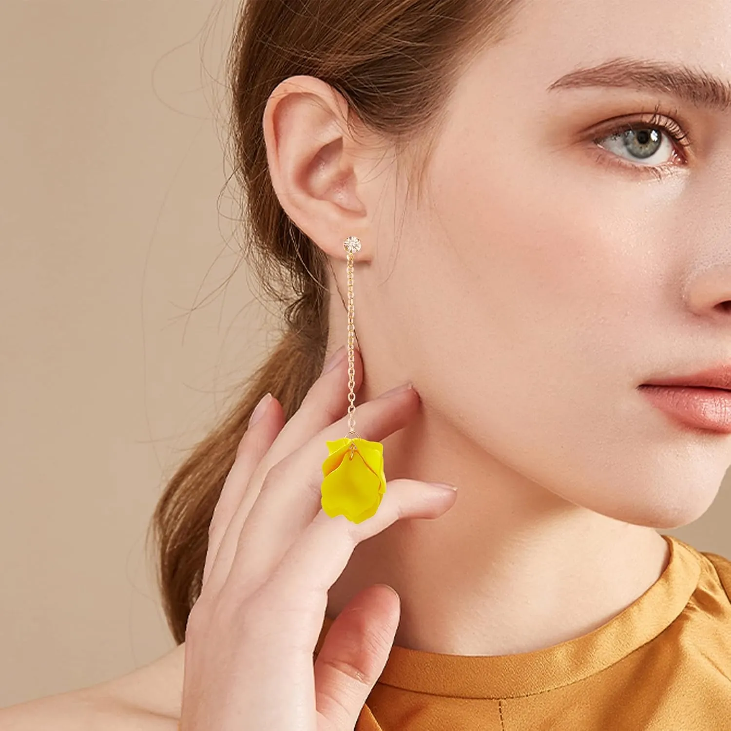 Dangle Acrylic Petal Tassel Fringe Chain Earrings Long Drop Rose Flower Statement Earrings for Women With Box (Yellow)