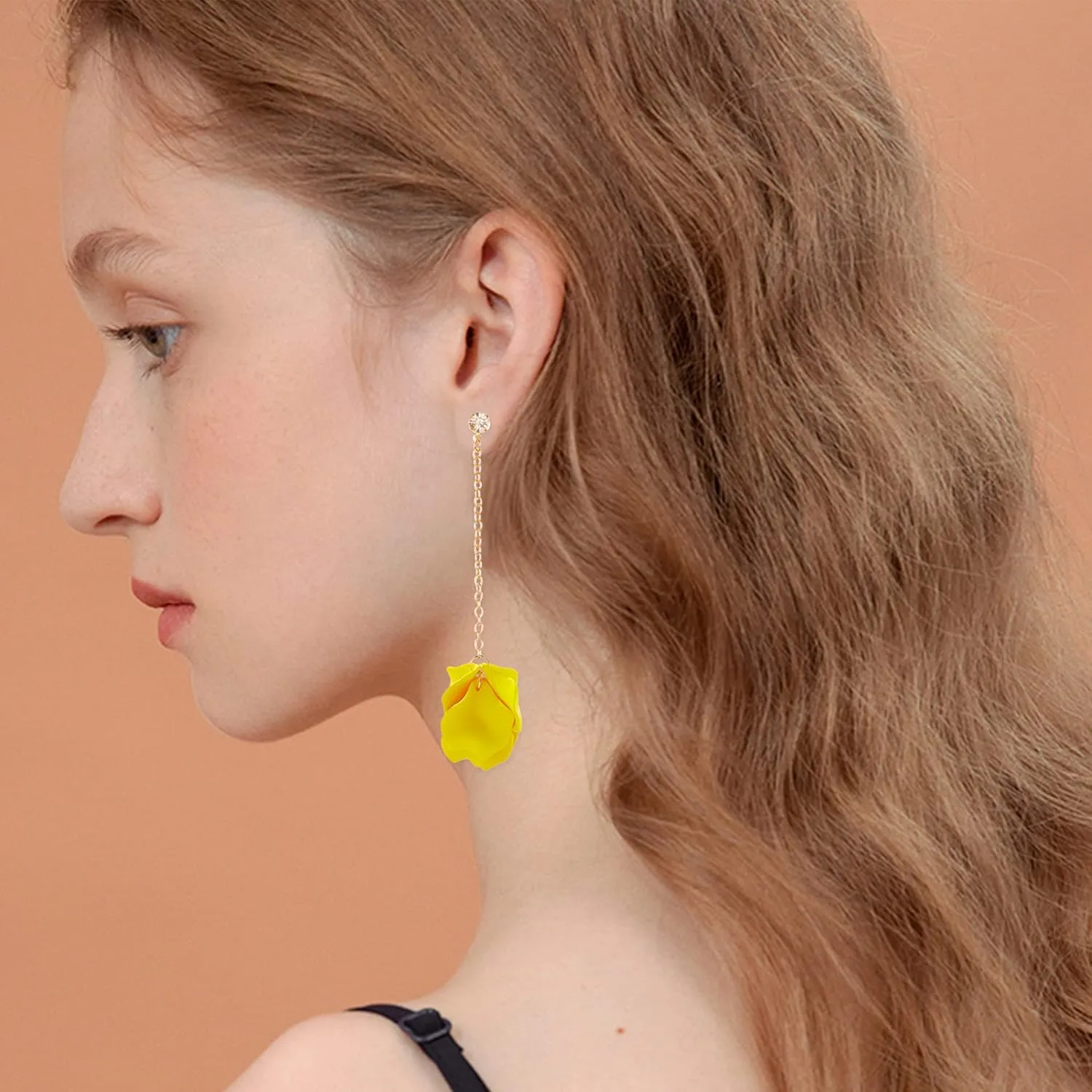 Dangle Acrylic Petal Tassel Fringe Chain Earrings Long Drop Rose Flower Statement Earrings for Women With Box (Yellow)