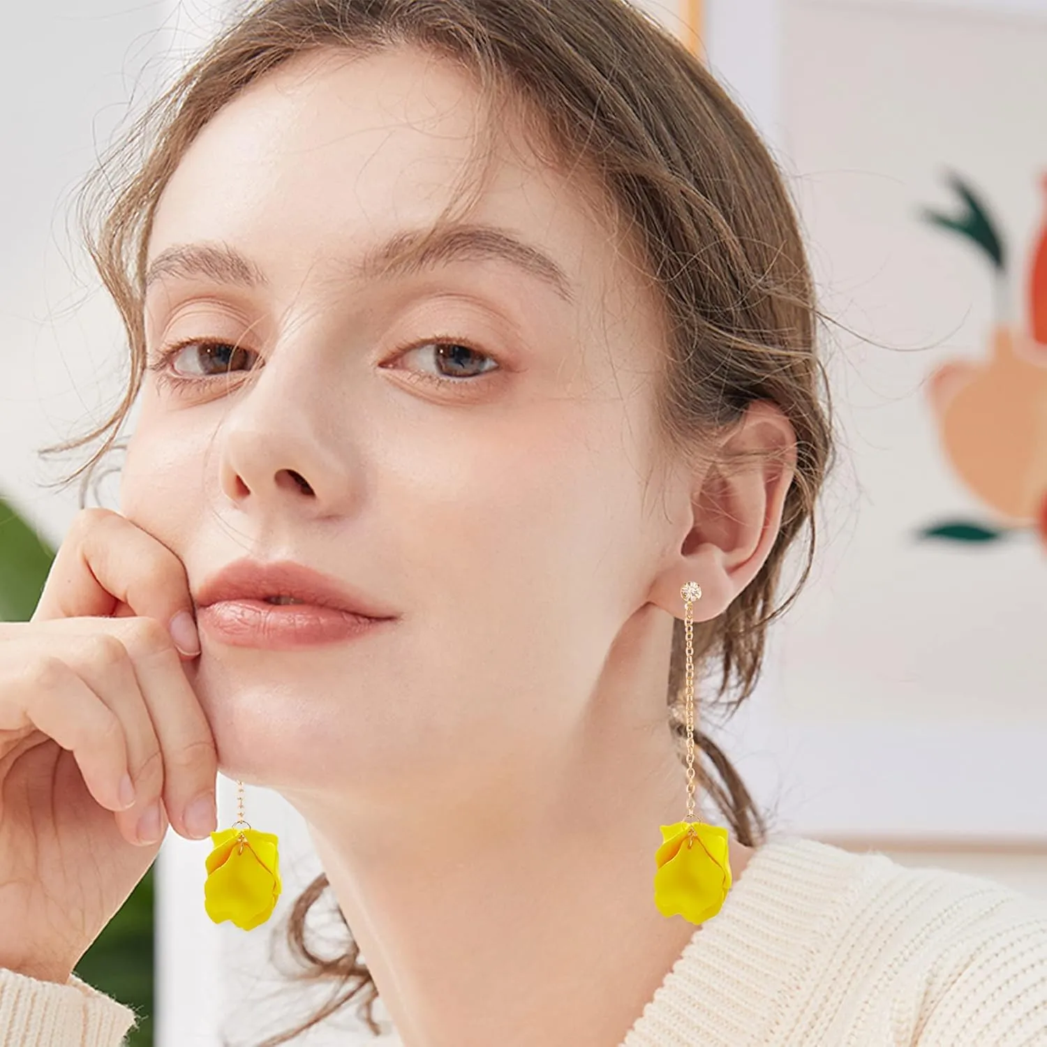 Dangle Acrylic Petal Tassel Fringe Chain Earrings Long Drop Rose Flower Statement Earrings for Women With Box (Yellow)