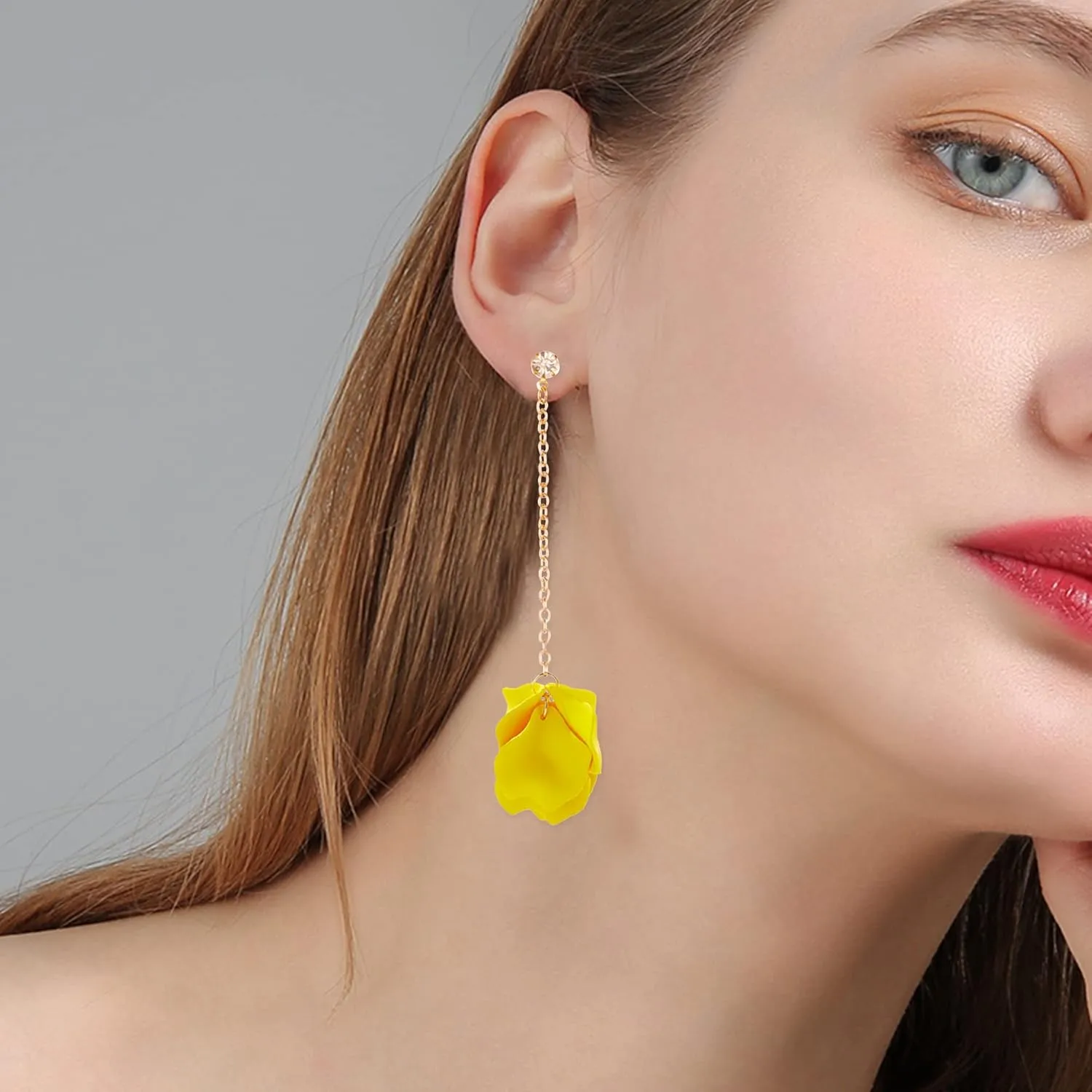 Dangle Acrylic Petal Tassel Fringe Chain Earrings Long Drop Rose Flower Statement Earrings for Women With Box (Yellow)
