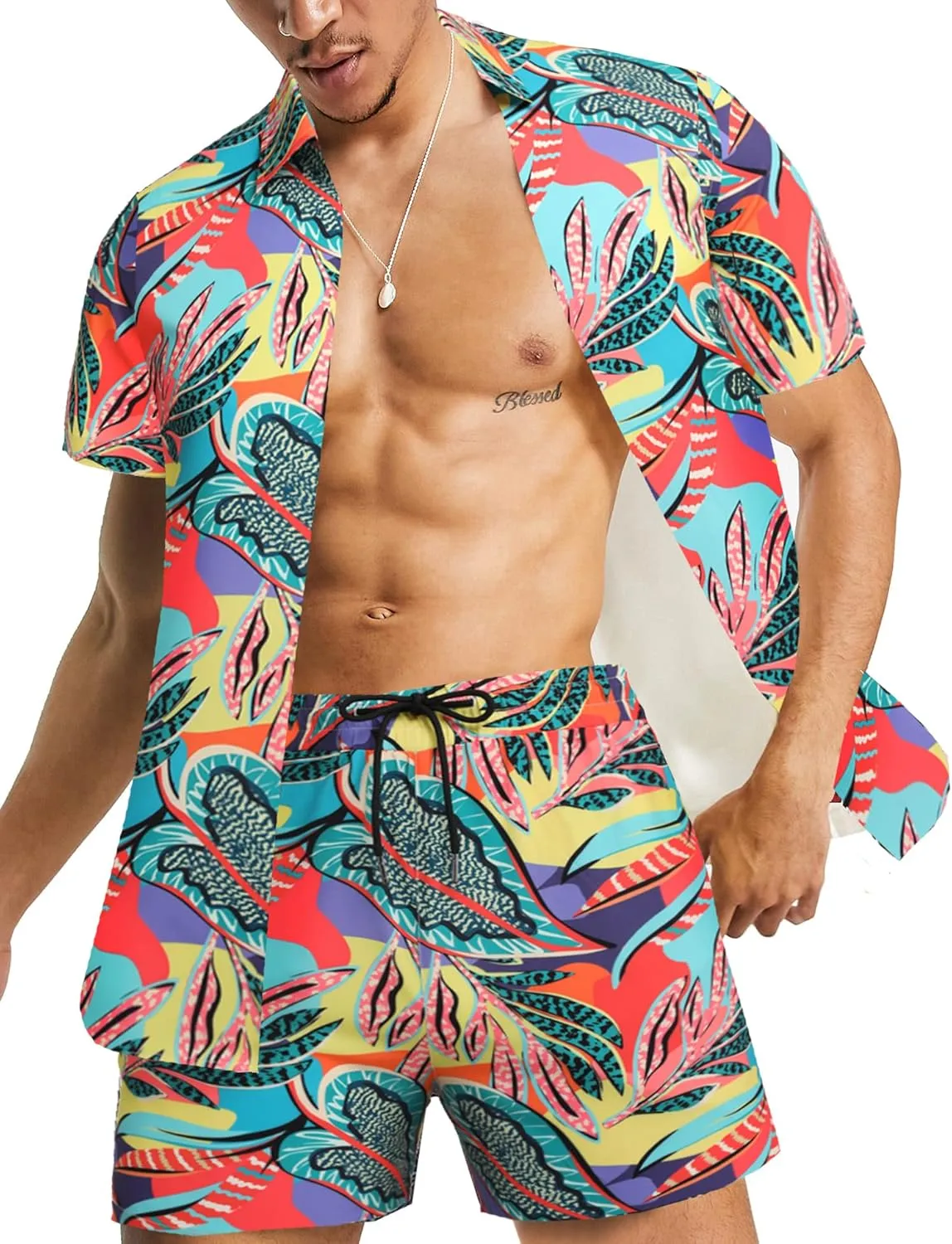Daupanzees Men's Luxury Casual Button Down Short Sleeve Hawaiian Shirt Suits