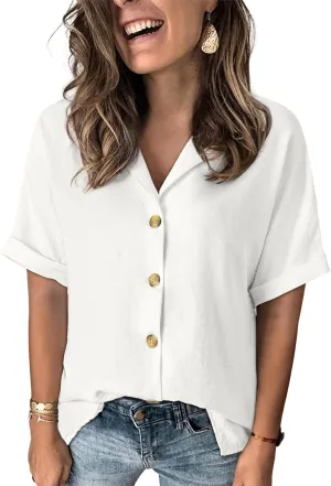 Dokotoo Women's Dressy Casual V Neck Short Sleeve Button Down Shirts Relaxed Work Business Loose Blouses Tops