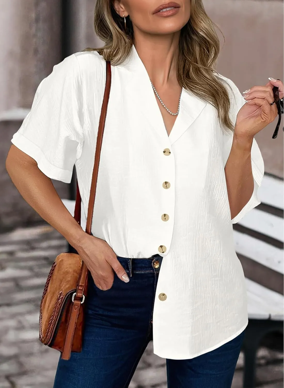 Dokotoo Women's Dressy Casual V Neck Short Sleeve Button Down Shirts Relaxed Work Business Loose Blouses Tops
