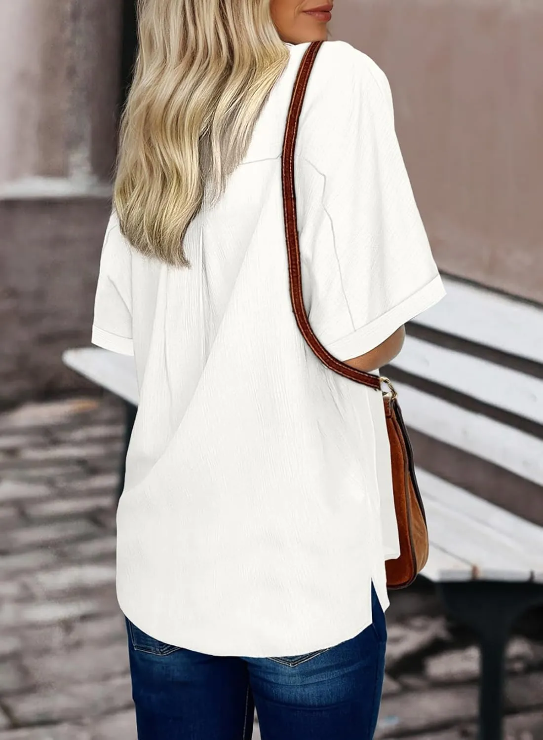 Dokotoo Women's Dressy Casual V Neck Short Sleeve Button Down Shirts Relaxed Work Business Loose Blouses Tops
