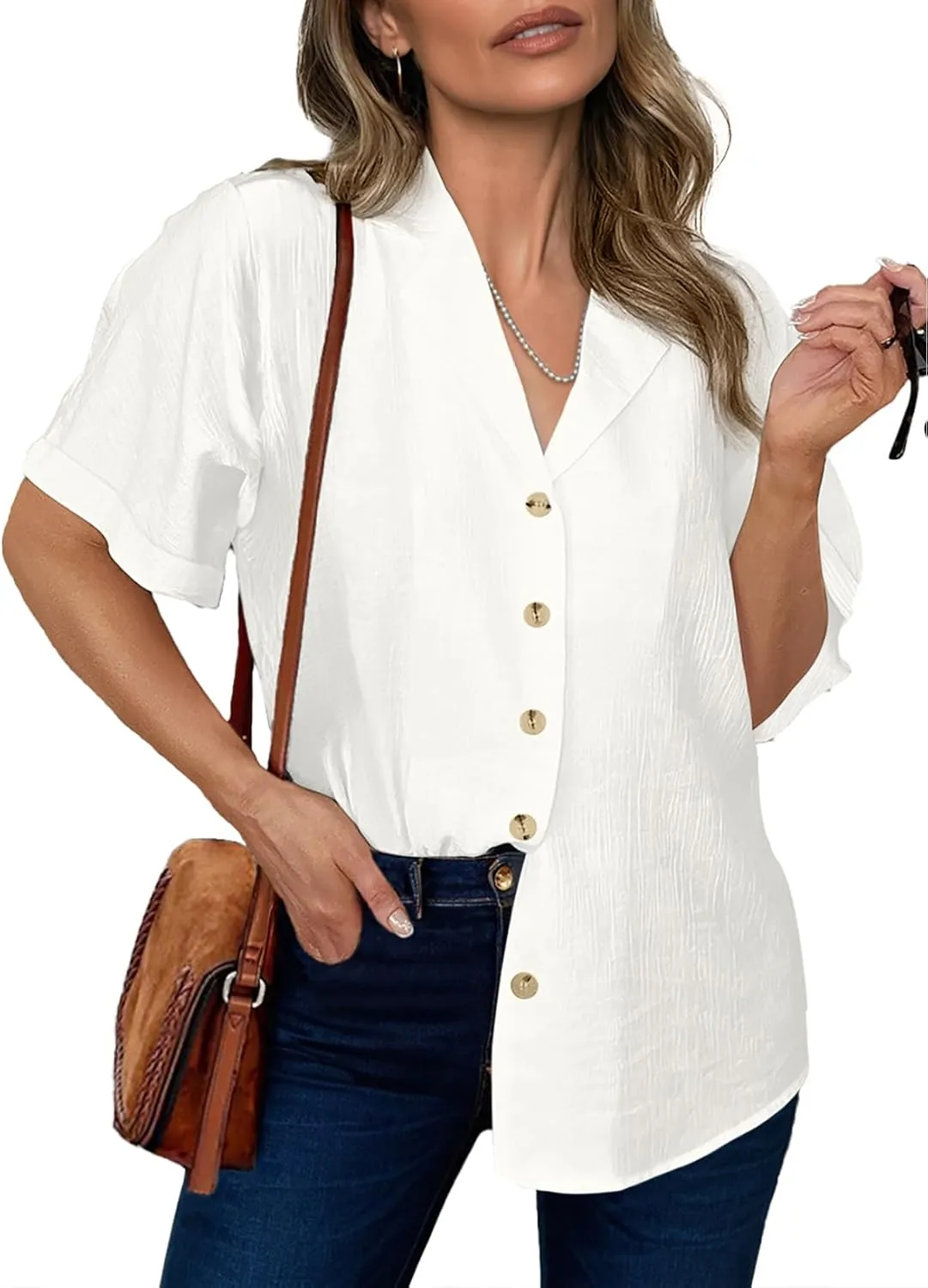 Dokotoo Women's Dressy Casual V Neck Short Sleeve Button Down Shirts Relaxed Work Business Loose Blouses Tops