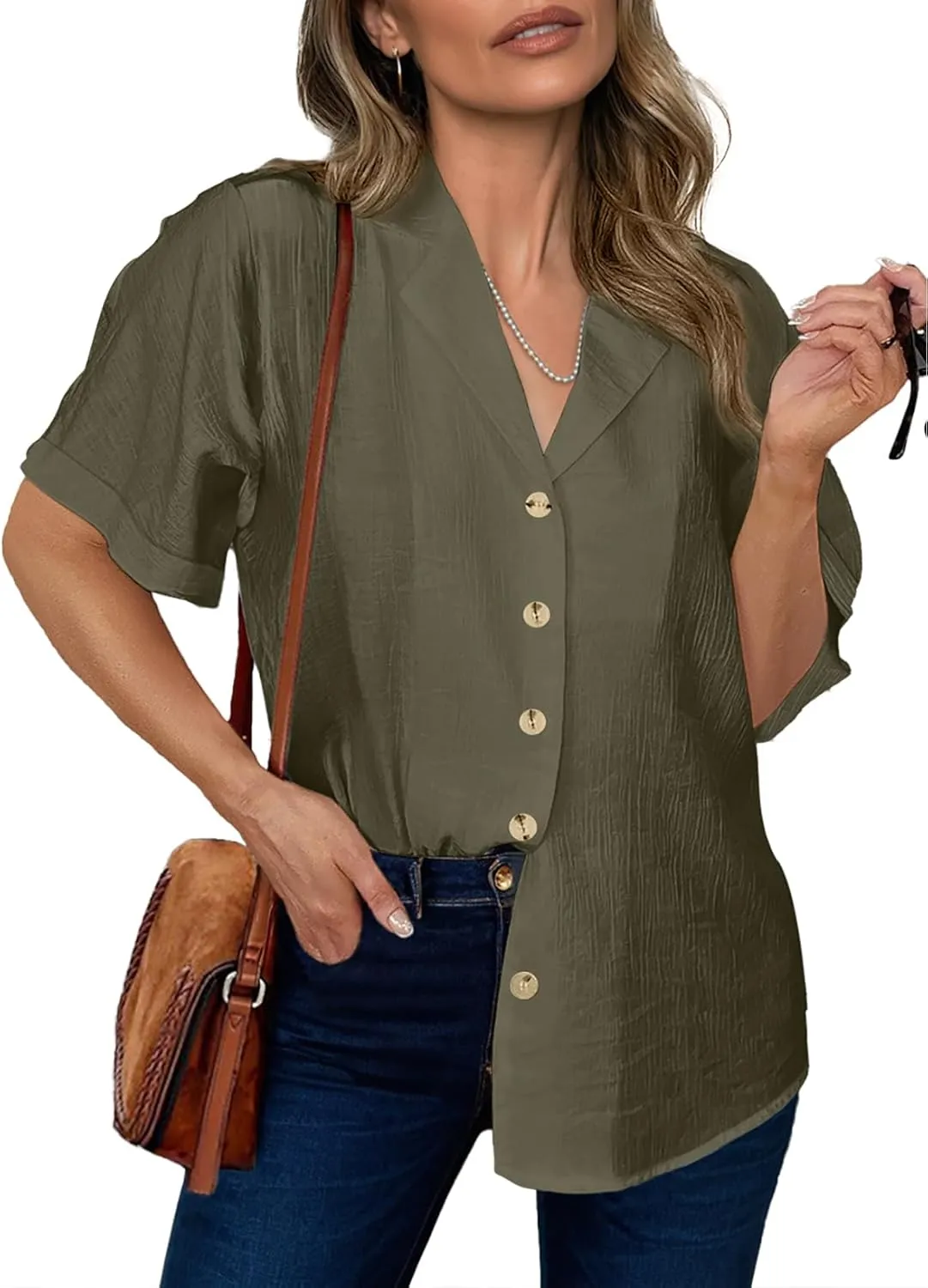 Dokotoo Women's Dressy Casual V Neck Short Sleeve Button Down Shirts Relaxed Work Business Loose Blouses Tops