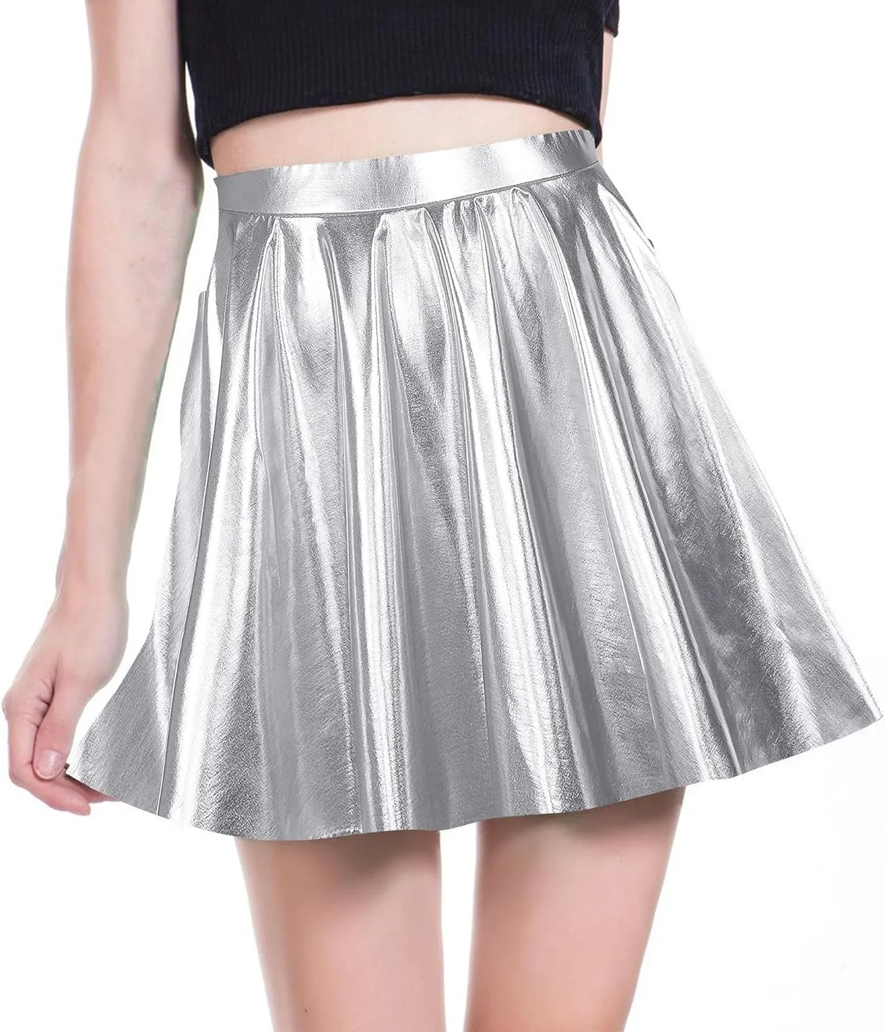 DOOVID Women's Shiny Metallic Skirt Flared Pleated Shiny Skirts Halloween Mini Skater Skirts