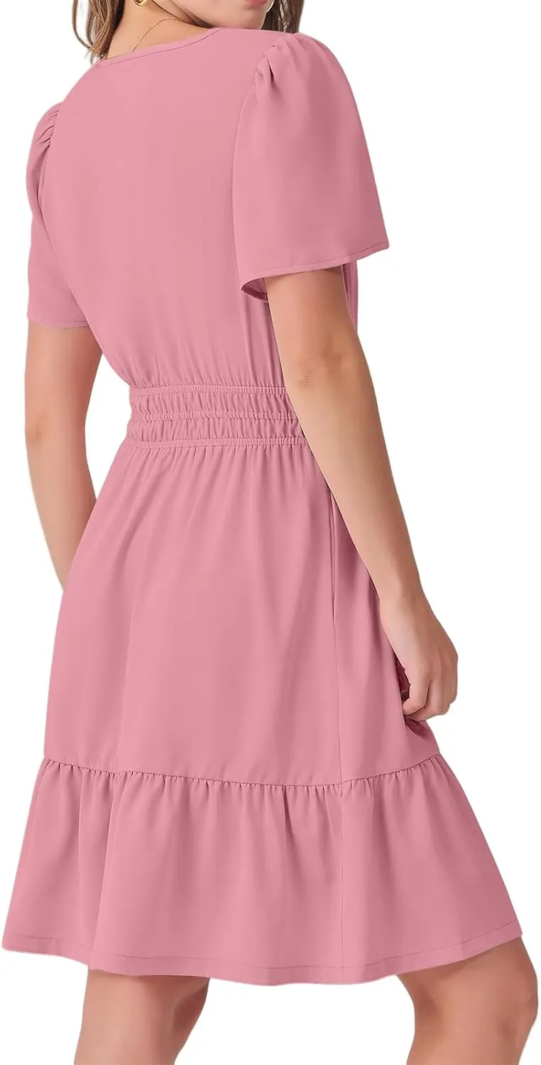 Dresses for Women Casual V Neck Short Sleeve Sundress Smocked Boho A-Line Tiered Vacation Beach Dress
