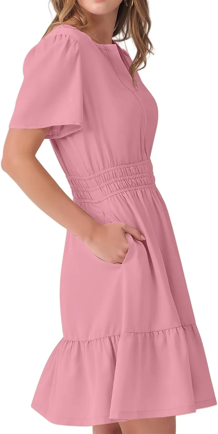 Dresses for Women Casual V Neck Short Sleeve Sundress Smocked Boho A-Line Tiered Vacation Beach Dress