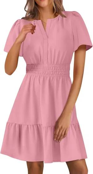 Dresses for Women Casual V Neck Short Sleeve Sundress Smocked Boho A-Line Tiered Vacation Beach Dress