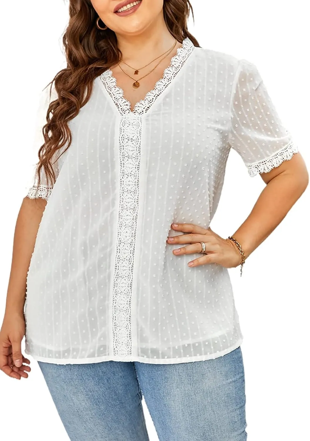 Eytino Womens Plus Size Tops Casual Summer Short Sleeve V Neck Lace Crochet Chiffon Blouses Shirts(1X-5X)