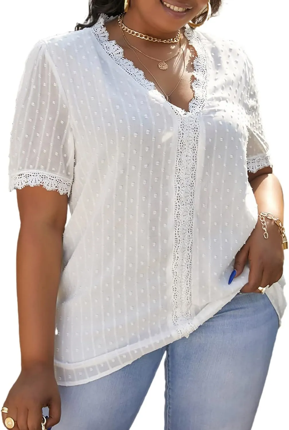 Eytino Womens Plus Size Tops Casual Summer Short Sleeve V Neck Lace Crochet Chiffon Blouses Shirts(1X-5X)