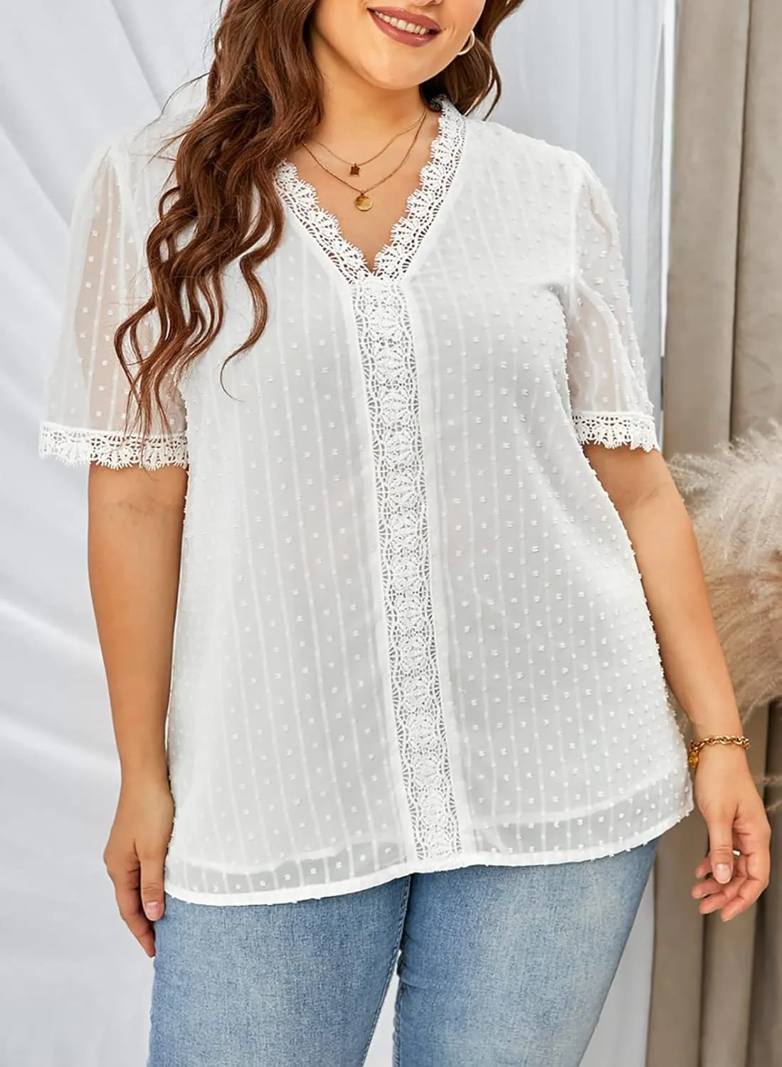 Eytino Womens Plus Size Tops Casual Summer Short Sleeve V Neck Lace Crochet Chiffon Blouses Shirts(1X-5X)