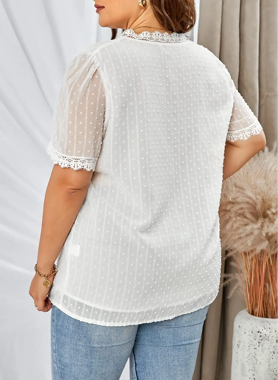 Eytino Womens Plus Size Tops Casual Summer Short Sleeve V Neck Lace Crochet Chiffon Blouses Shirts(1X-5X)