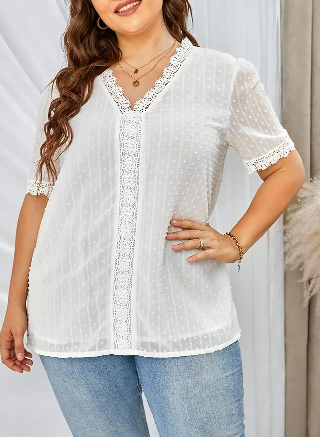 Eytino Womens Plus Size Tops Casual Summer Short Sleeve V Neck Lace Crochet Chiffon Blouses Shirts(1X-5X)