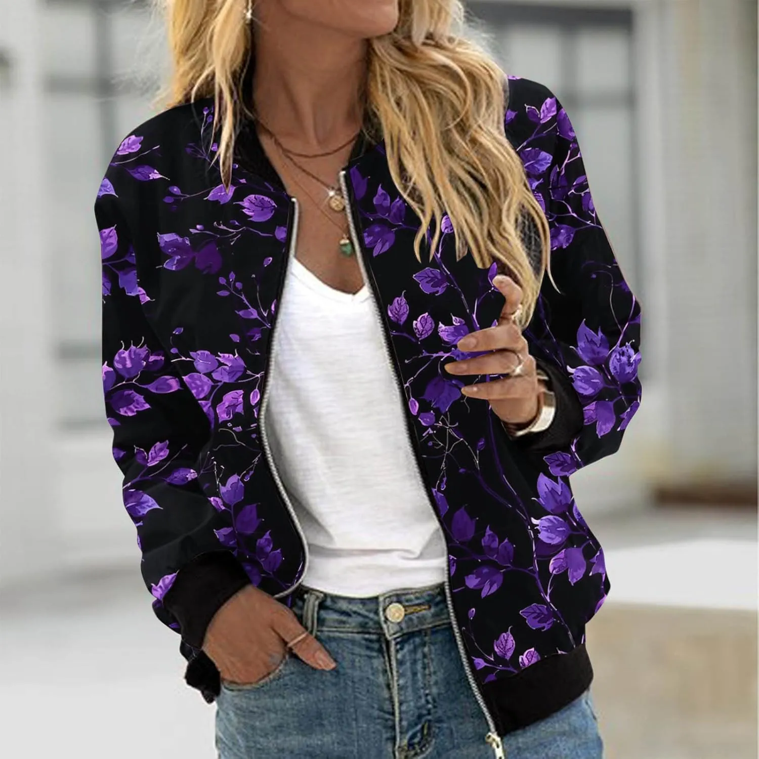 Firzero Fall Jackets for Women 2024 Full Zip Bomber Jacket Lightweight Fall Winter Coats Long Sleeve Oversized Windbreaker
