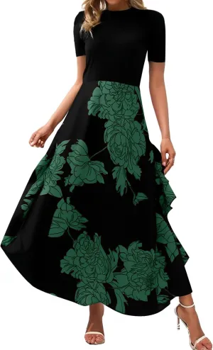 Floral Cocktail Dress for Women High Neck Short Sleeve Patchwork Ruffle Maxi Dress Aline Long Flowy Tea Party Dresses