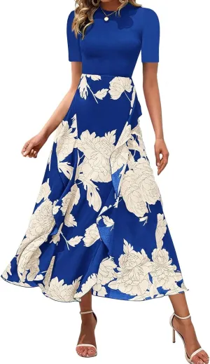Floral Cocktail Dress for Women High Neck Short Sleeve Patchwork Ruffle Maxi Dress Aline Long Flowy Tea Party Dresses