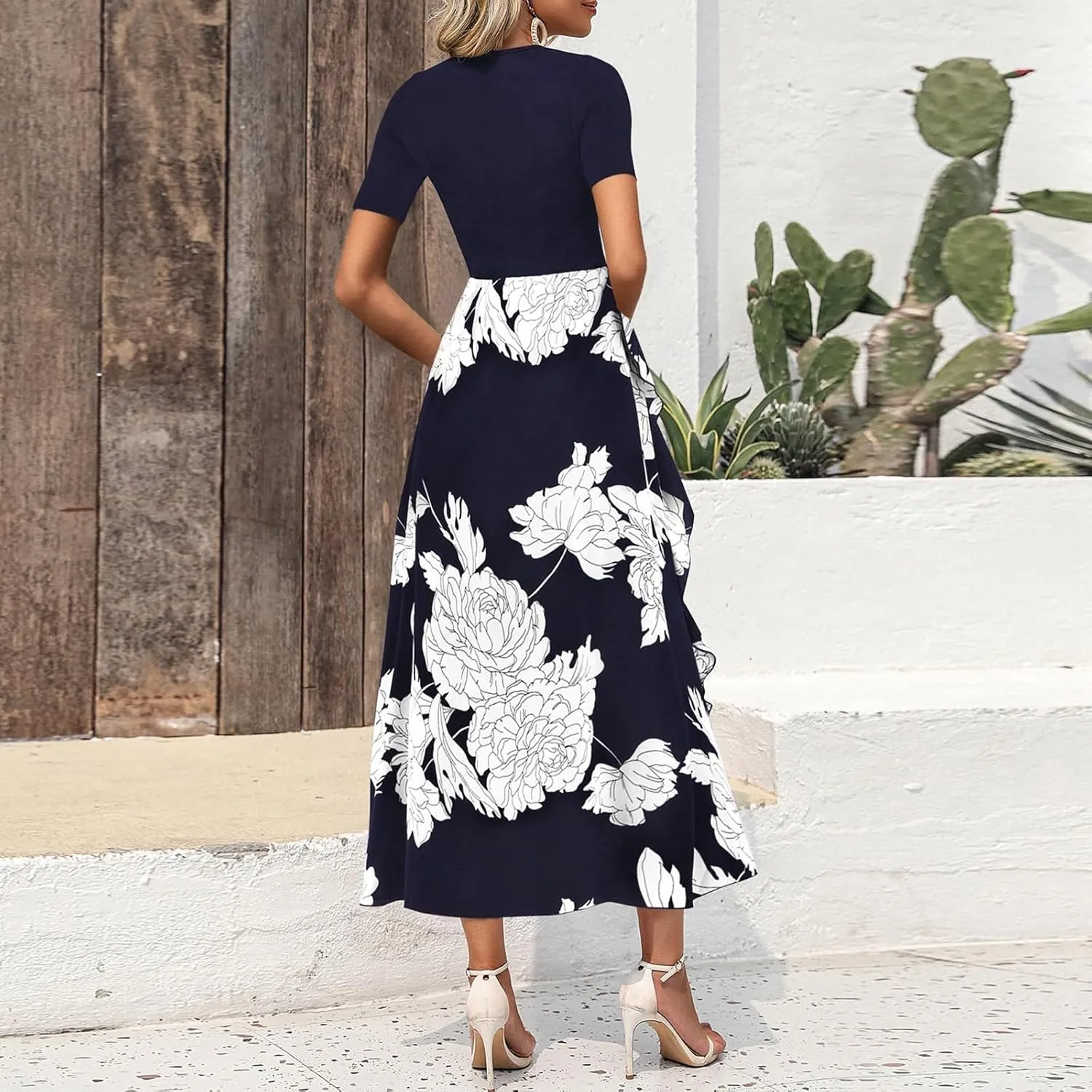 Floral Cocktail Dress for Women High Neck Short Sleeve Patchwork Ruffle Maxi Dress Aline Long Flowy Tea Party Dresses