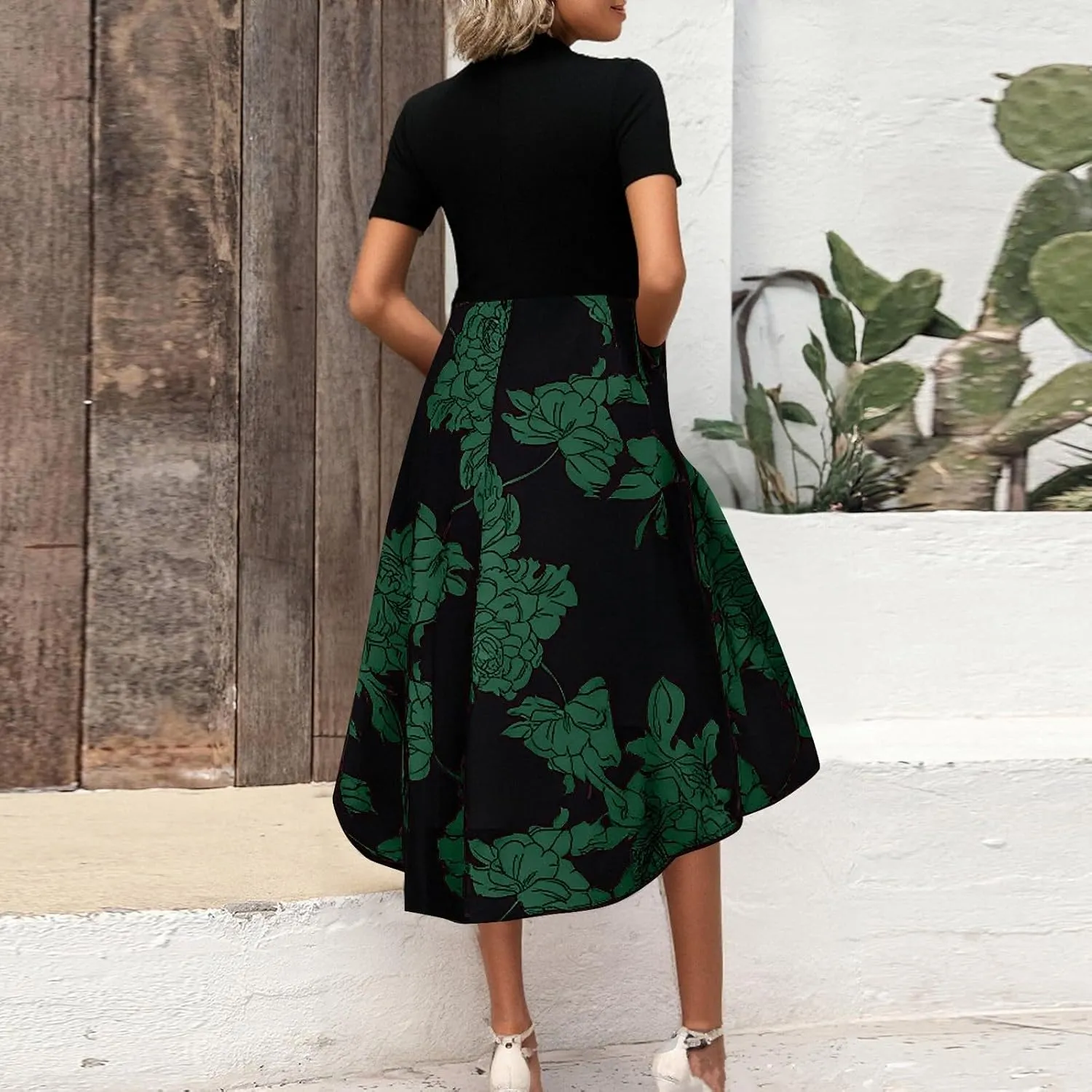 Floral Cocktail Dress for Women High Neck Short Sleeve Patchwork Ruffle Maxi Dress Aline Long Flowy Tea Party Dresses
