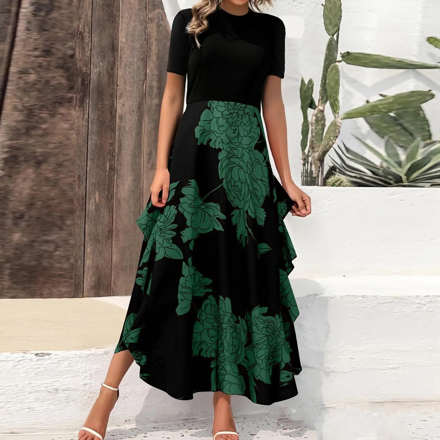 Floral Cocktail Dress for Women High Neck Short Sleeve Patchwork Ruffle Maxi Dress Aline Long Flowy Tea Party Dresses