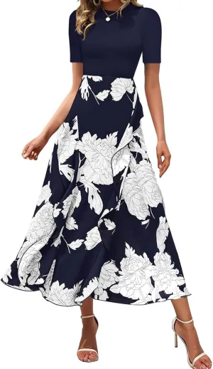 Floral Cocktail Dress for Women High Neck Short Sleeve Patchwork Ruffle Maxi Dress Aline Long Flowy Tea Party Dresses
