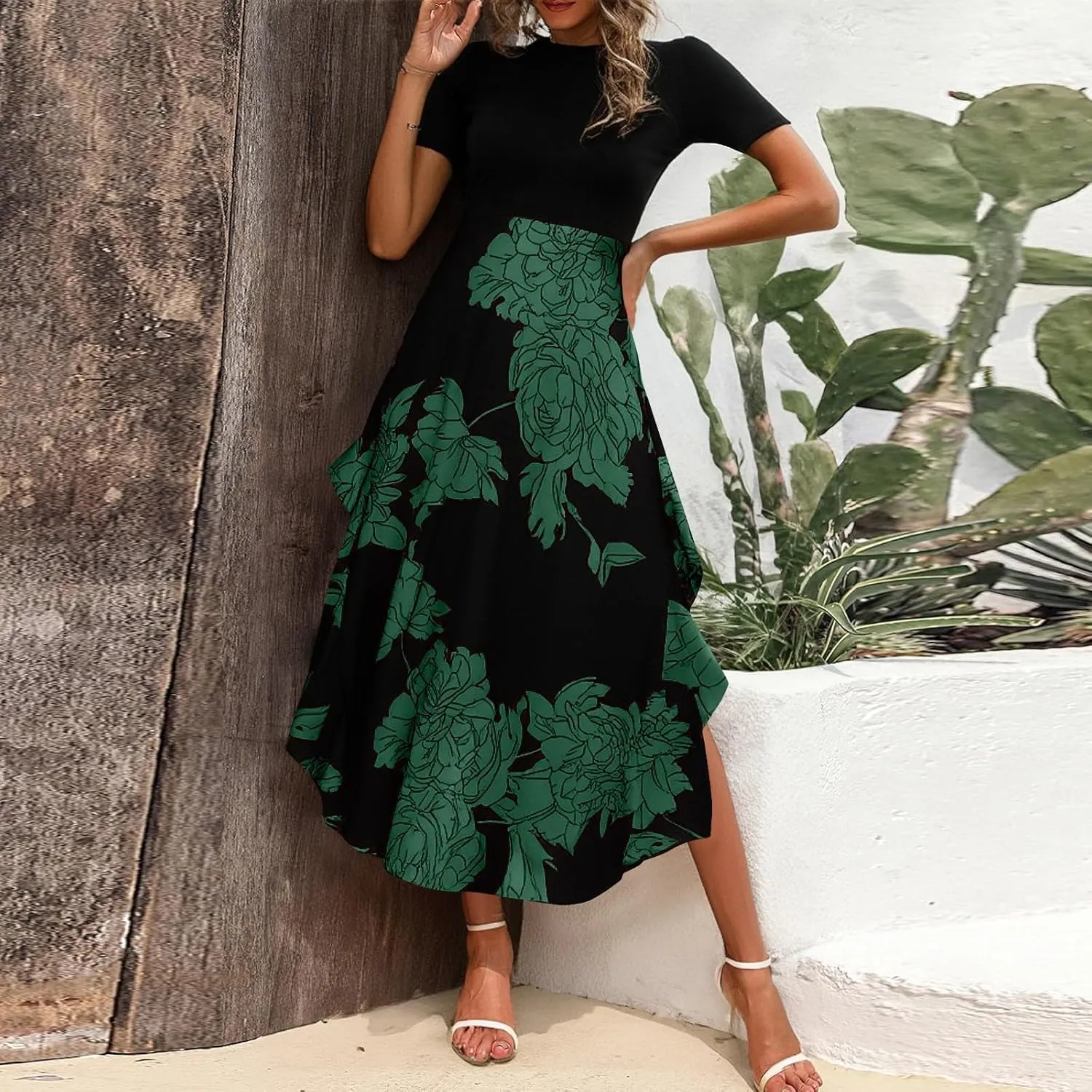 Floral Cocktail Dress for Women High Neck Short Sleeve Patchwork Ruffle Maxi Dress Aline Long Flowy Tea Party Dresses