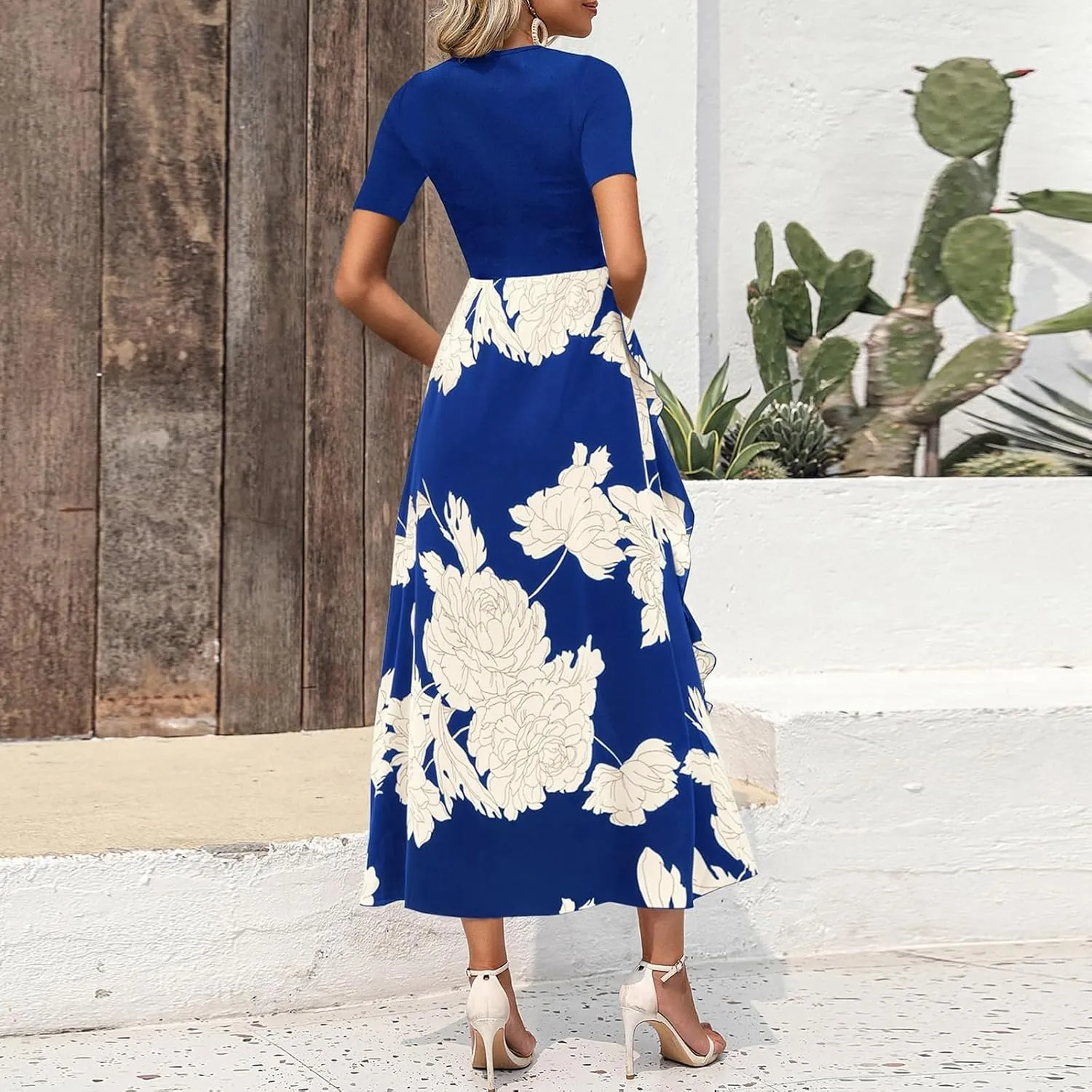Floral Cocktail Dress for Women High Neck Short Sleeve Patchwork Ruffle Maxi Dress Aline Long Flowy Tea Party Dresses