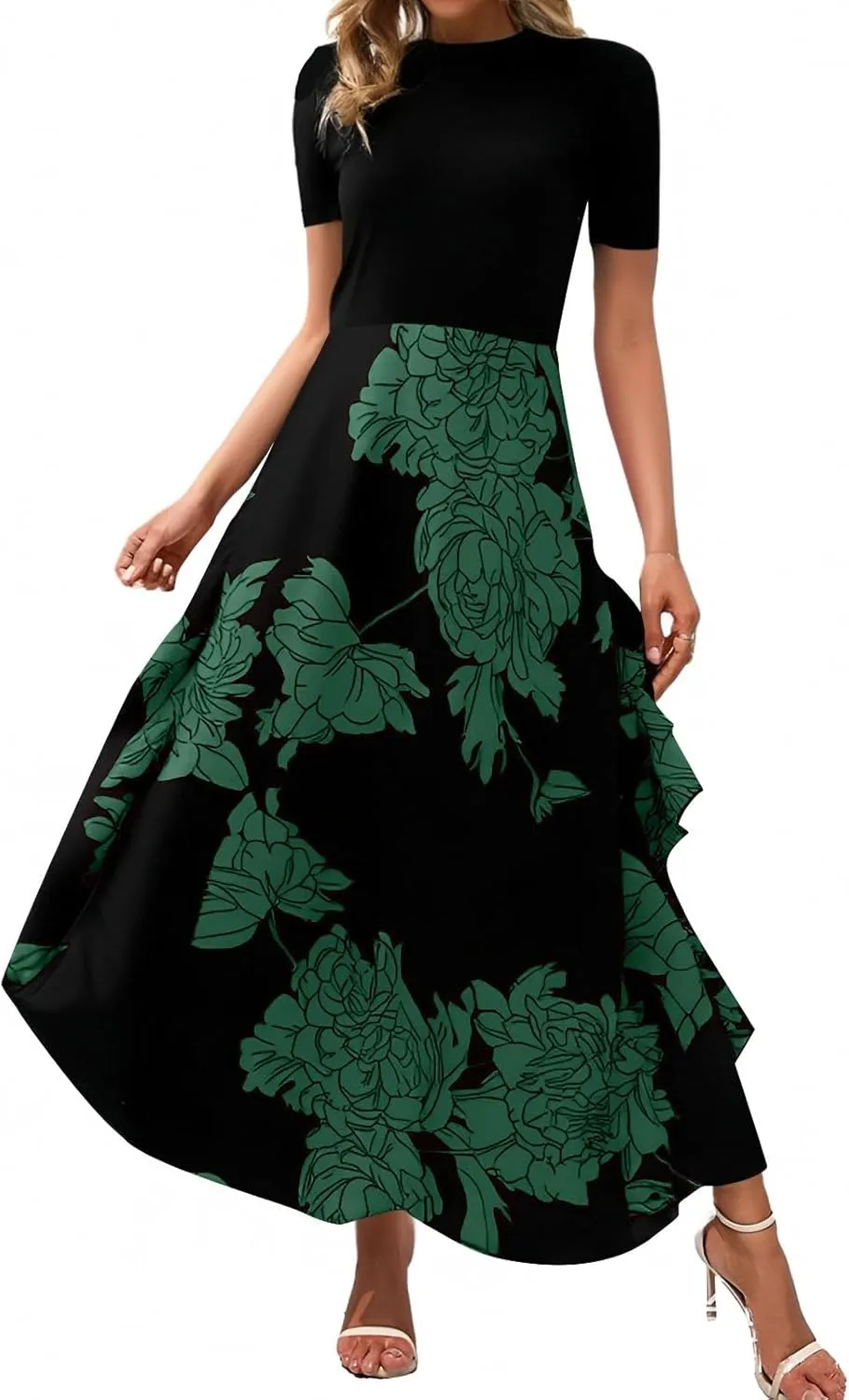 Floral Cocktail Dress for Women High Neck Short Sleeve Patchwork Ruffle Maxi Dress Aline Long Flowy Tea Party Dresses