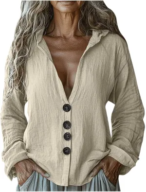 Gauze Shirts for Women Button Down Long Sleeve Hooded Tops Lightweight Breathable Loose Casual V Neck Hoodies Blouses