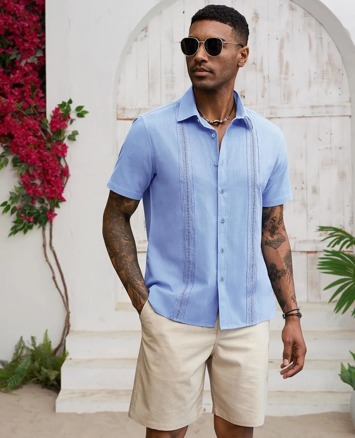 Guayabera Linen Shirts for Men Short Sleeve Button Down Shirt Hawaiian Shirt Cuban Summer Shirts Beach Shirts