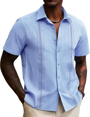 Guayabera Linen Shirts for Men Short Sleeve Button Down Shirt Hawaiian Shirt Cuban Summer Shirts Beach Shirts
