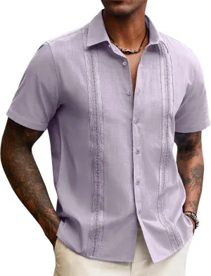 Guayabera Linen Shirts for Men Short Sleeve Button Down Shirt Hawaiian Shirt Cuban Summer Shirts Beach Shirts