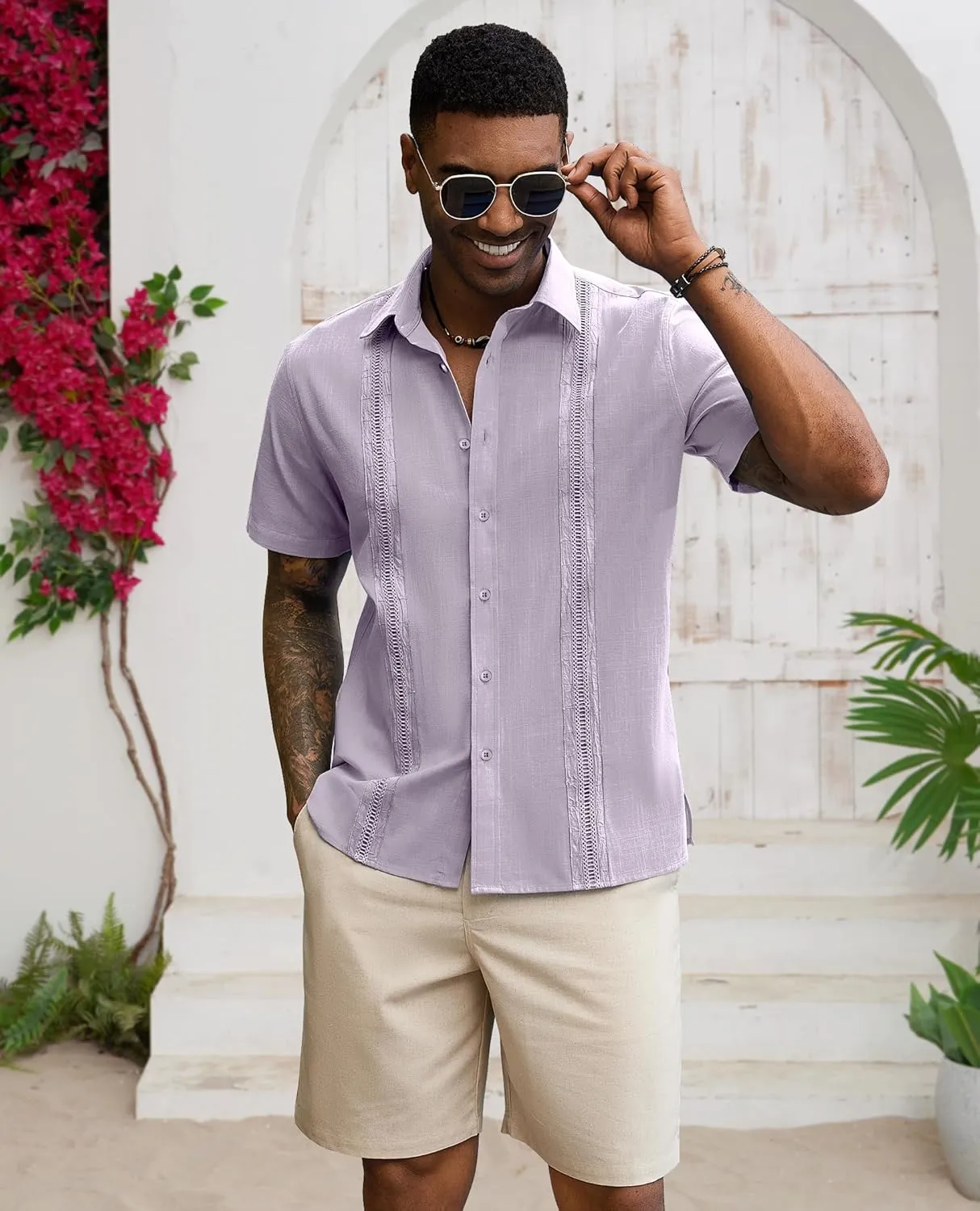 Guayabera Linen Shirts for Men Short Sleeve Button Down Shirt Hawaiian Shirt Cuban Summer Shirts Beach Shirts