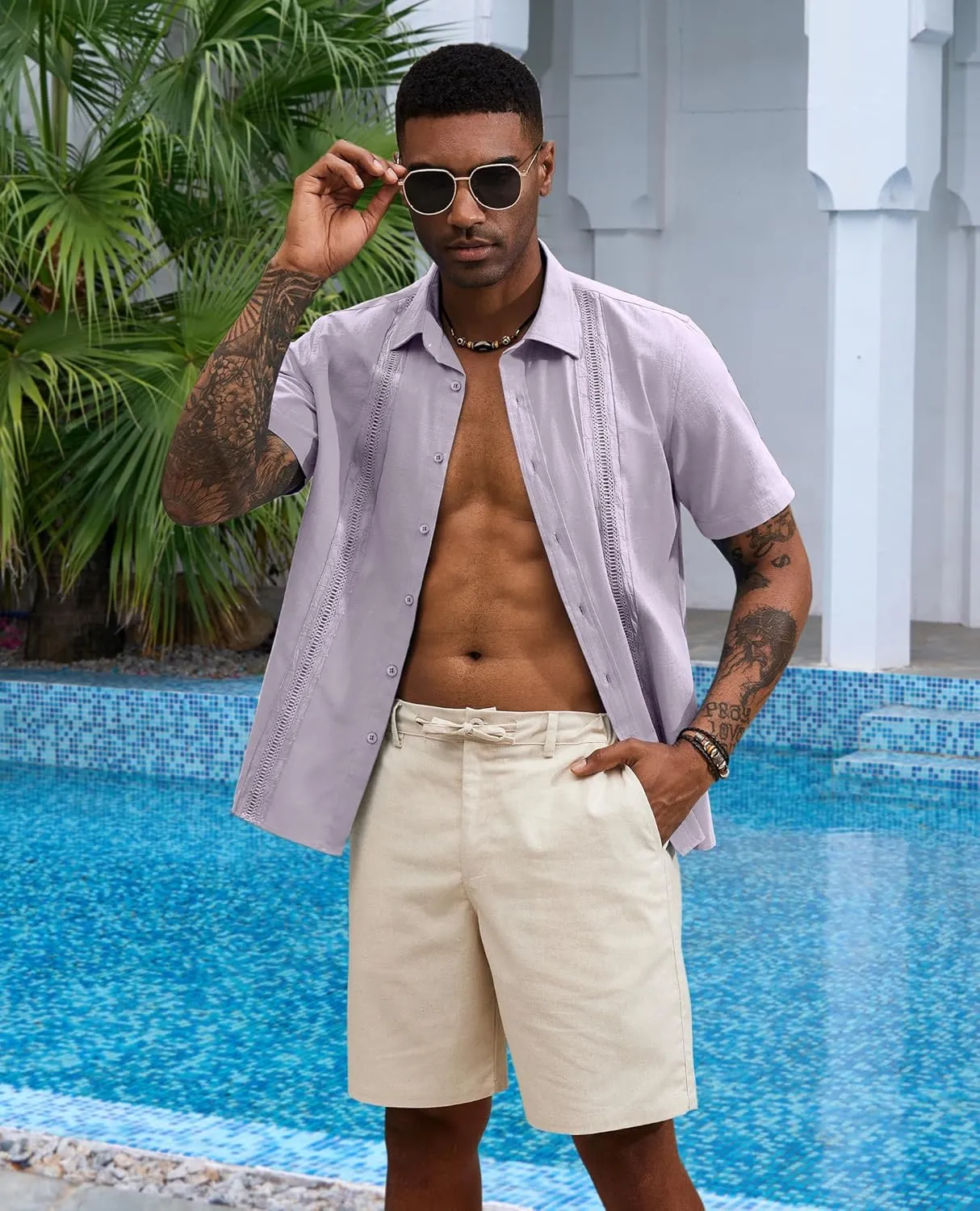 Guayabera Linen Shirts for Men Short Sleeve Button Down Shirt Hawaiian Shirt Cuban Summer Shirts Beach Shirts